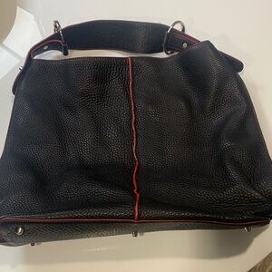 Black Leather Handbag with Red Accents